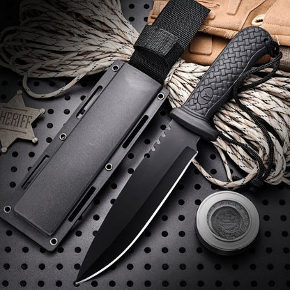 9.6-Inch Outdoor Fixed Blade Knife with Multi-Function Sheath - Black & Orange Straight Knife for Wilderness Exploration, Canyon Traversing, Mountain Hiking & Hunting, Designed for Men