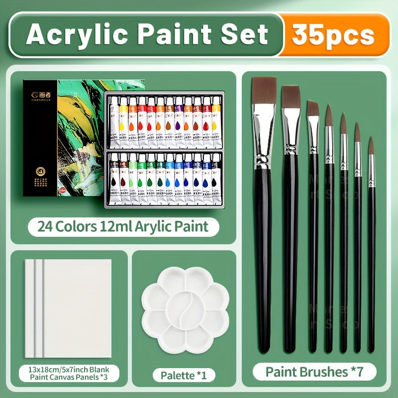 Acrylic Paint Set 36 Colors with 7 Brushes Palette 3 Blank Canvases for Canvas Rock Wood Wall Ceramic Art Adults Students Hobby Birthday Easter Gift