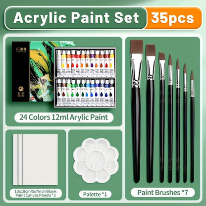 Acrylic Paint Set 36 Colors with 7 Brushes Palette 3 Blank Canvases for Canvas Rock Wood Wall Ceramic Art Adults Students Hobby Birthday Easter Gift