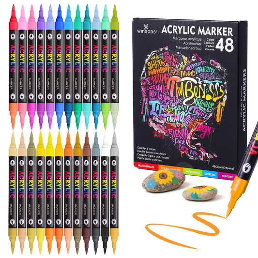 Dual-Tip Dual-Shade Acrylic Paint Markers 24, 48 & 72 Colors – Quick-Dry Waterproof Brush Pens for Rock Painting, Journal Doodling, Canvas, Wood, Glass & Home Decor – Creative Art Markers for Adults & Kids