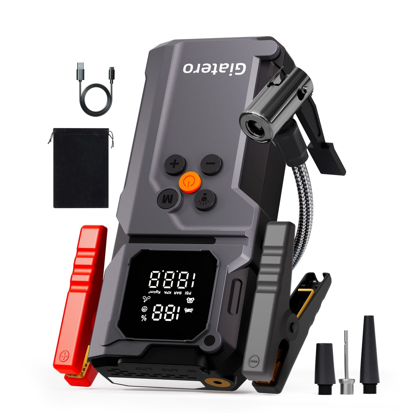 10000A Jump Starter with Air Compressor 160 PSI, Portable Car Battery Jump Starter Pack for Gas & Diesel Engines, USB-C QC 3.0 Fast Charge, Large Display, 3-Mode LED Flashlight, Jumper Cables Included – Giatero Q27