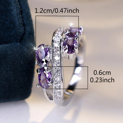 S925 Sterling Silver Purple Cubic Zirconia Ring – Elegant Sparkling Bridal Wedding Ring for Women, Shiny Lavender CZ Charm Ring, Perfect Anniversary Gift in Sizes 6-10, Lightweight 2.95g