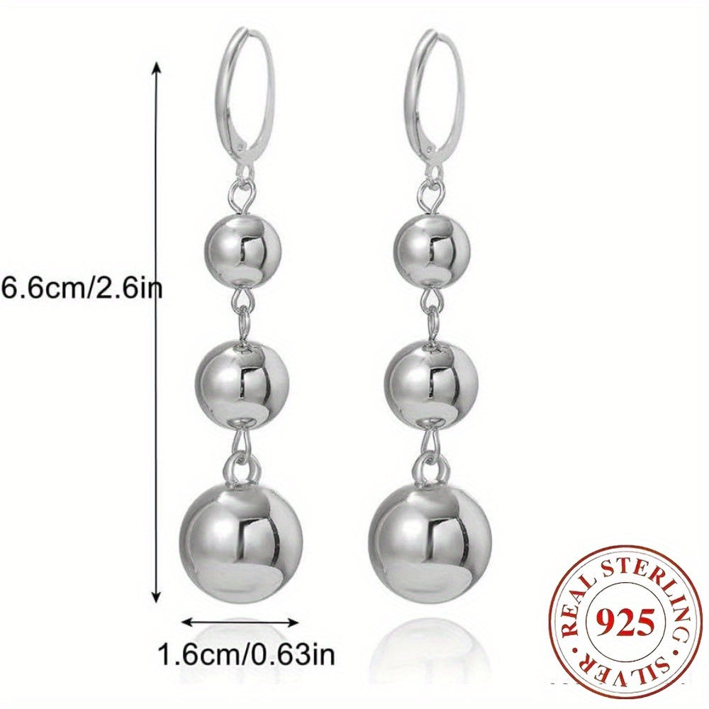 S925 Sterling Silver Triple Ball Drop Dangle Earrings for Women – Retro French Long Design, Elegant Vintage Style, Gold & Silver Tone