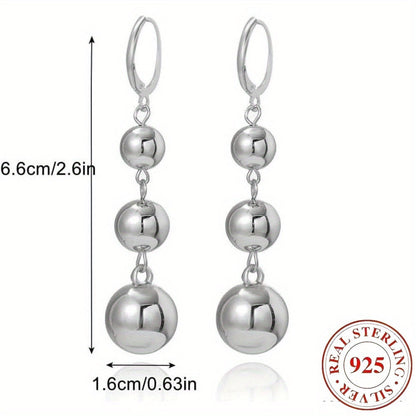 S925 Sterling Silver Triple Ball Drop Dangle Earrings for Women – Retro French Long Design, Elegant Vintage Style, Gold & Silver Tone