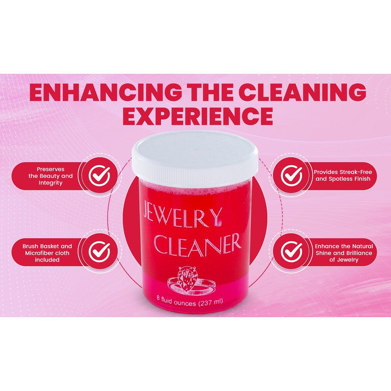 Jewelry Cleaner 8 fl oz for Gold, Silver & Platinum – Fast-Acting Dip Formula, Includes Strainer Basket, Cleaning Brush & Microfiber Cloth – Safe for Stones & Pearls