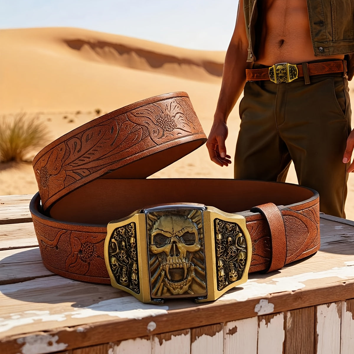 Retro Western Cowboy Belt with Detachable Lighter – Embossed Printed Novelty Accessory Belt in Skull, Eagle, Cross & Native American Designs, Unique Gift for Men for Christmas, Thanksgiving & Valentine's Day