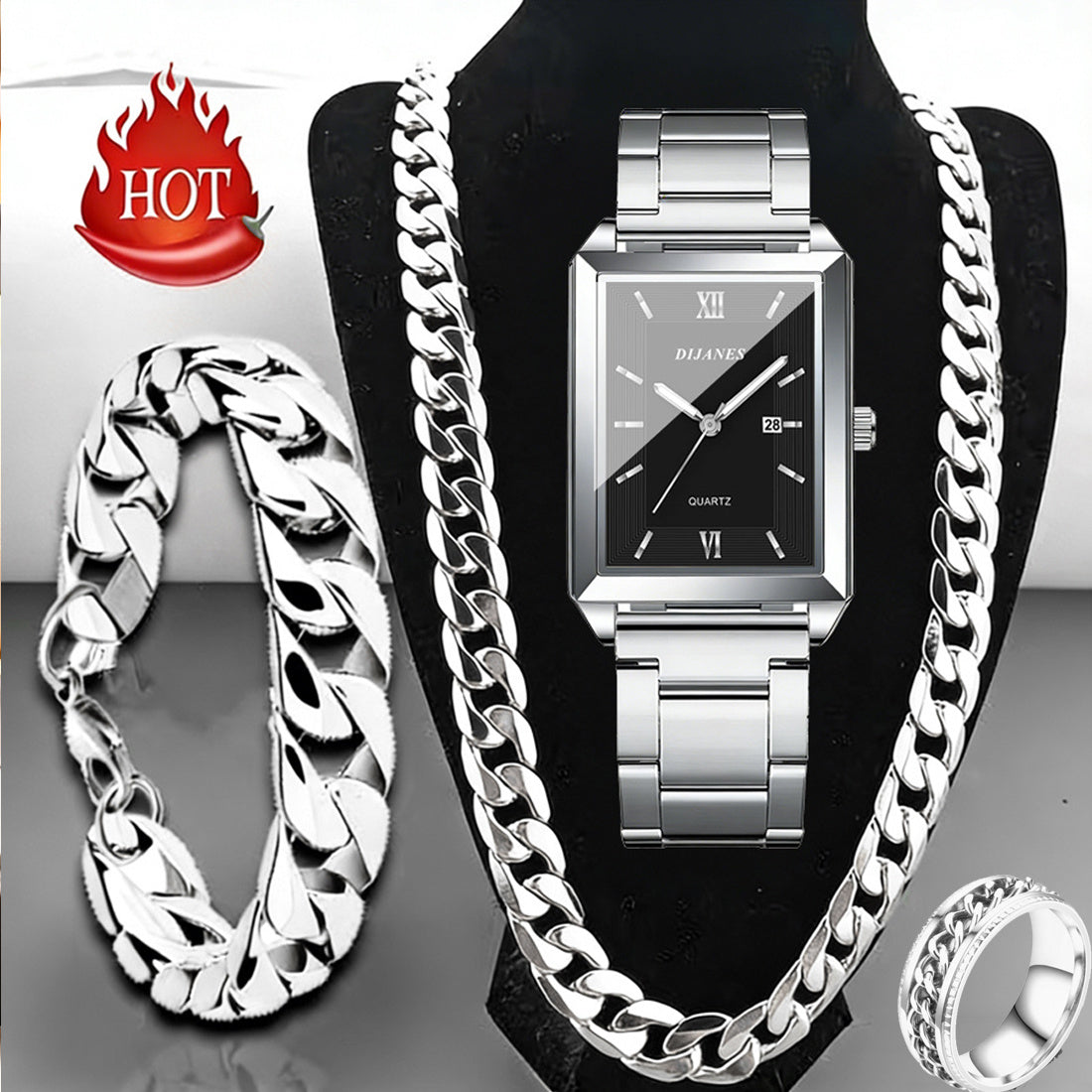 4pcs Men's Watch and Jewelry Set – Quartz Watch with Necklace Bracelet Ring, Business Casual Date Display, Luxury Gift Set for Men in Black Silver Gold