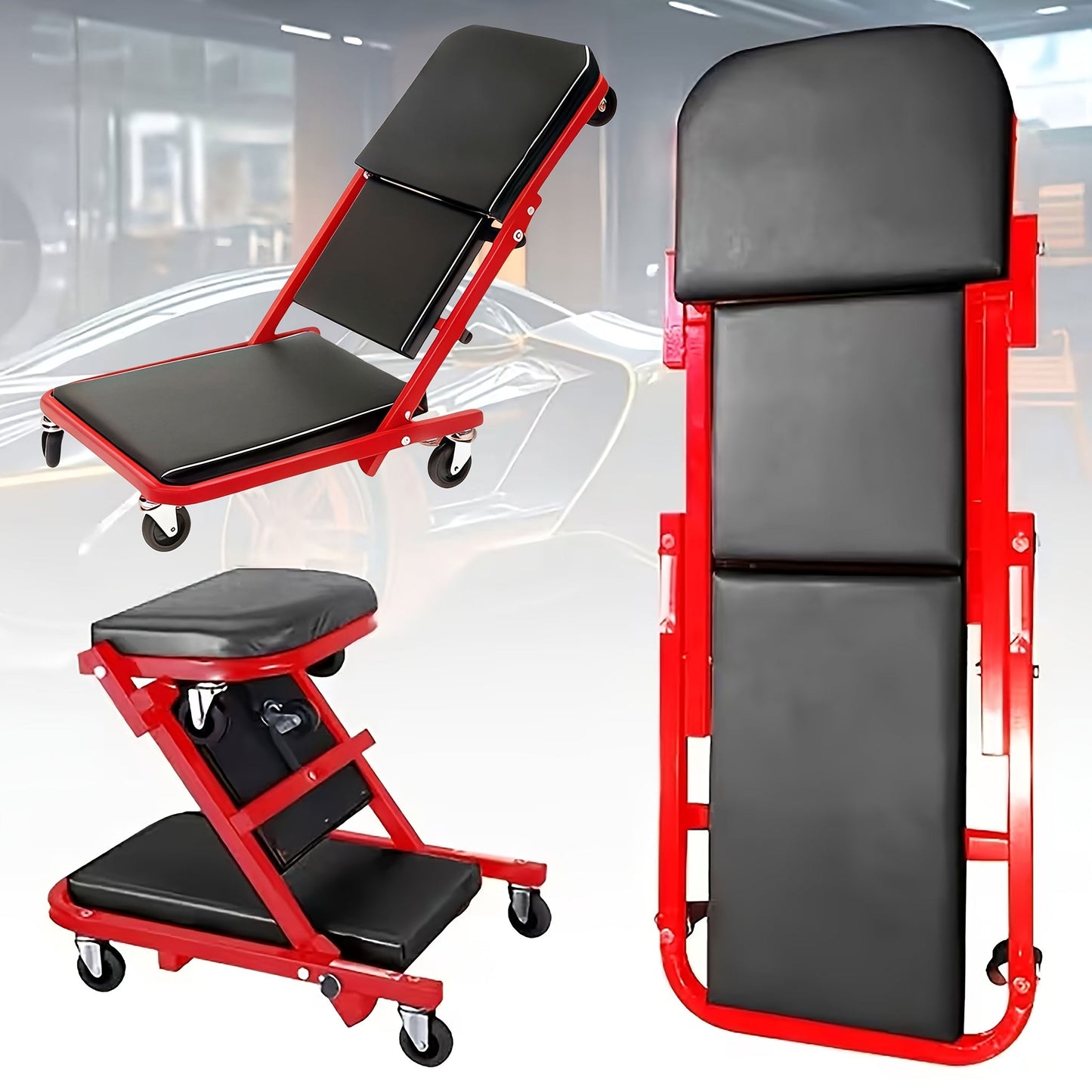 Mechanic Creeper Stool Z-Shape | Foldable 3-in-1 Crawler, Non-Foldable & Sliding Stool | 300LB Capacity, 6 Swivel Casters, Thick Padded Cushion – Garage Rolling Seat, Gift for Men – Red & Grey