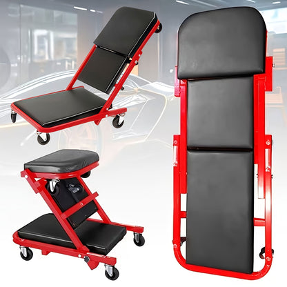 Mechanic Creeper Stool Z-Shape | Foldable 3-in-1 Crawler, Non-Foldable & Sliding Stool | 300LB Capacity, 6 Swivel Casters, Thick Padded Cushion – Garage Rolling Seat, Gift for Men – Red & Grey