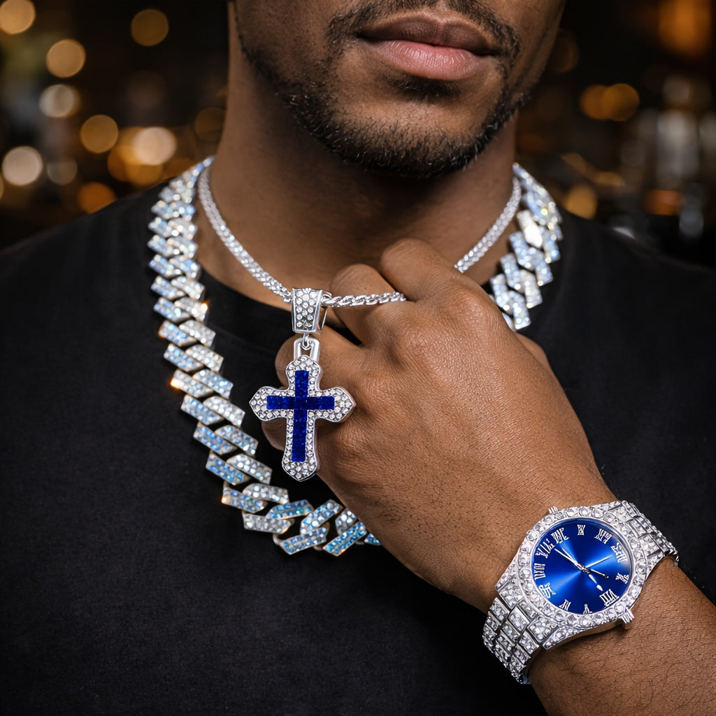 Cuban Link Hip Hop Jewelry Set for Men & Women – Necklace Pendant Bracelet & Blue Dial Watch, Unisex Streetwear Bling, Gold & Silver Tone, Party Daily Gift
