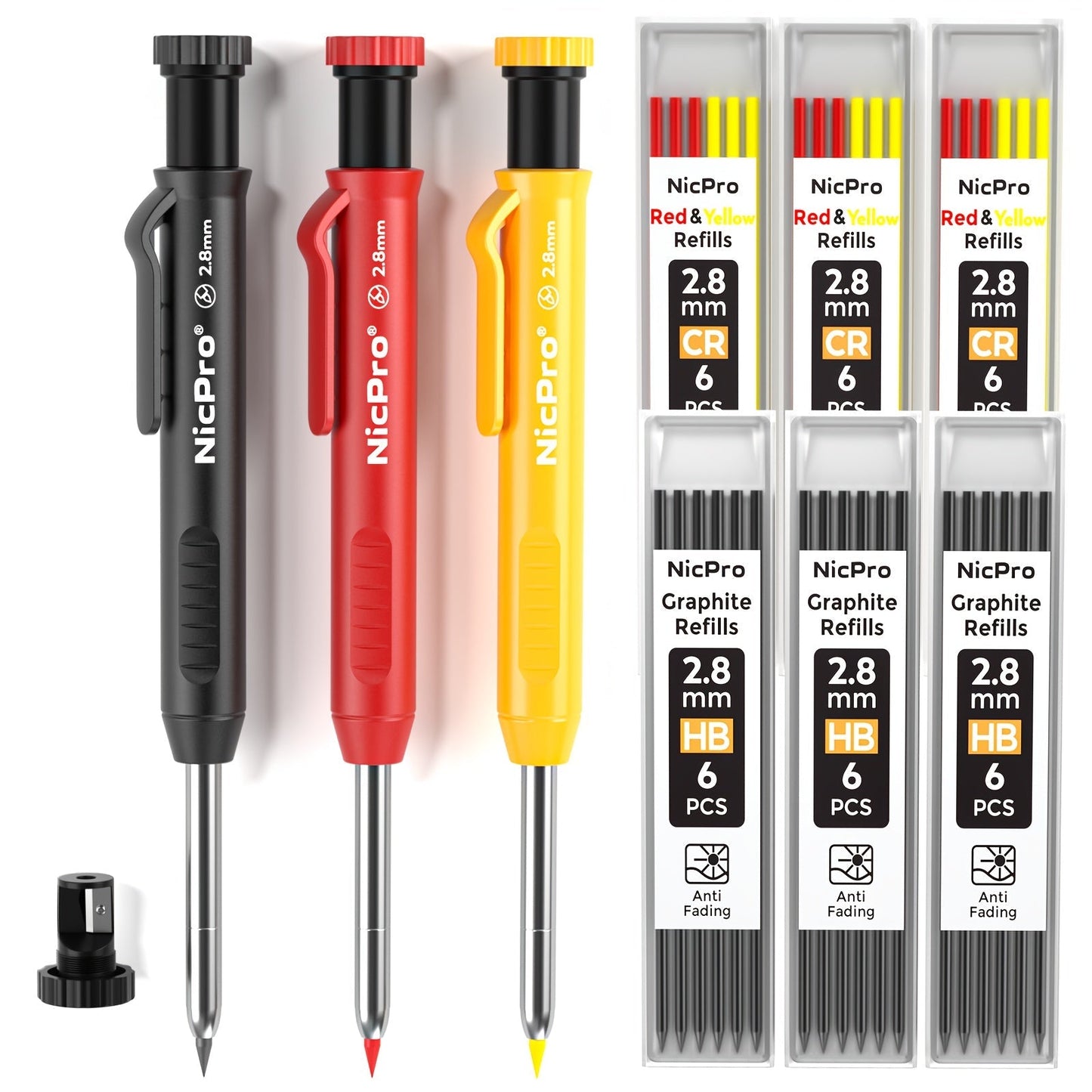 Carpenter Pencil Set with Sharpener & Refills, Heavy Duty Mechanical Woodworking Pencils for Construction, Drafting & Marking, Flat Pencils with Portable Case – 2, 3, 4 or 6 Piece Sets Available