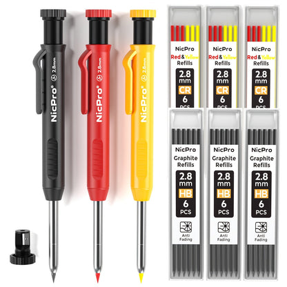 Carpenter Pencil Set with Sharpener & Refills, Heavy Duty Mechanical Woodworking Pencils for Construction, Drafting & Marking, Flat Pencils with Portable Case – 2, 3, 4 or 6 Piece Sets Available