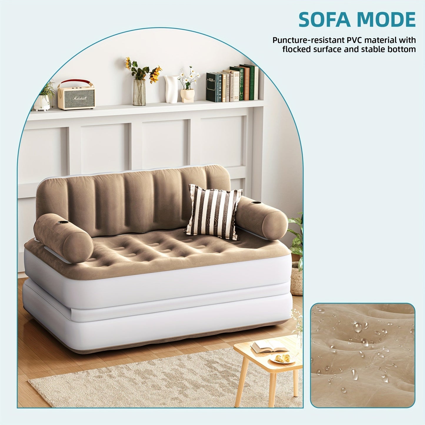 Inflatable Air Sofa Bed 2-in-1 Queen Size – Portable Blow Up Couch & Airbed with Headboard, Cup Holders, External Pump & Storage Bag, 440 lb Capacity for Home, Camping & Guests