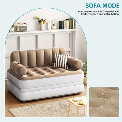 Inflatable Air Sofa Bed 2-in-1 Queen Size – Portable Blow Up Couch & Airbed with Headboard, Cup Holders, External Pump & Storage Bag, 440 lb Capacity for Home, Camping & Guests