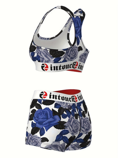 Women's Blue Rose Floral Print Sports Bra & Shorts Set 2-Piece – Stretchy Activewear Gym Yoga Running Fitness Outfit Matching Loungewear for Teens Summer Festival Vintage Style