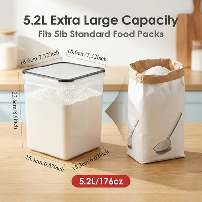 4 Pack Large Airtight Food Storage Containers BPA-Free Plastic Canisters for Flour Sugar Rice Pasta Baking Supplies with Lids 4 Measuring Cups 24 Labels Black Kitchen Pantry Organizer Set