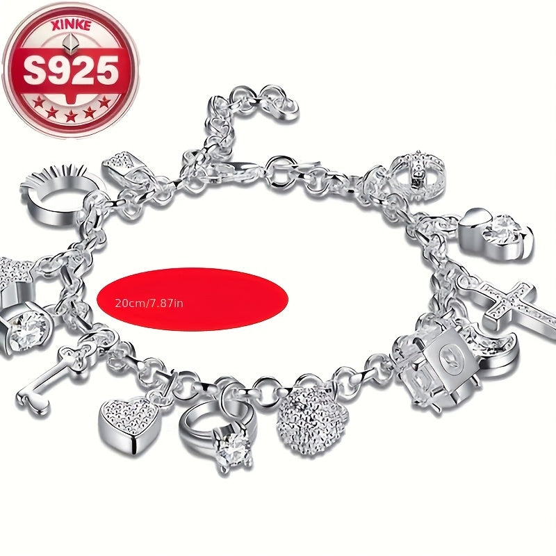 925 Sterling Silver Charm Bracelet for Women - Vintage CZ Cubic Zirconia Inlay Lightweight 2.5g Elegant Wrist Jewelry for Daily Wear, Music Festivals, Birthday & Holiday Gifts