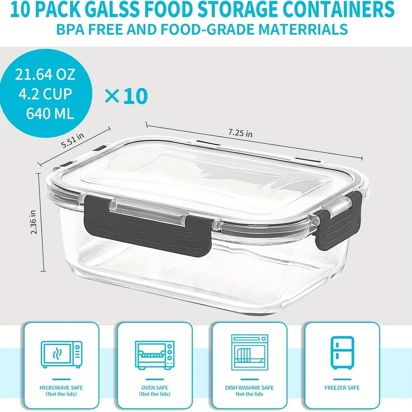 20-Pack 22oz Glass Meal Prep Containers with Airtight Lids – 10 Glass Containers & 10 Lids, Airtight Food Storage for Lunch, Pantry & Kitchen – BPA-Free Glass Lunch Bento Boxes