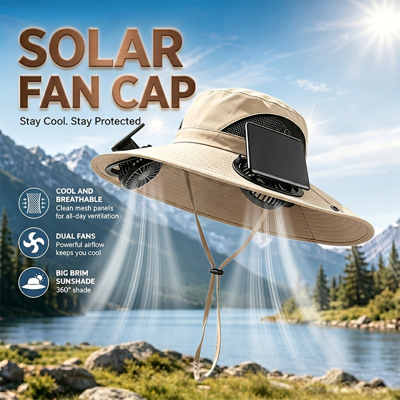 Solar Fan Hat with Wide Brim – Breathable Cooling Sun Hat for Men & Women with Built-In Solar Powered Fan, Adjustable Wind Speeds & Strap, Ideal for Gardening, Hiking, Travel & Summer Outdoor Activities