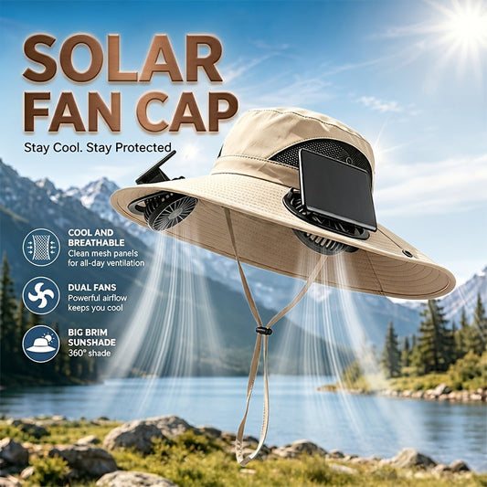 Solar Fan Hat with Wide Brim – Breathable Cooling Sun Hat for Men & Women with Built-In Solar Powered Fan, Adjustable Wind Speeds & Strap, Ideal for Gardening, Hiking, Travel & Summer Outdoor Activities