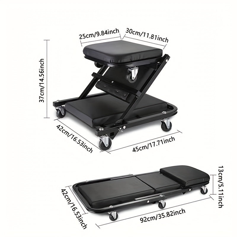 Foldable 2-in-1 Mechanic Creeper & Rolling Seat 300LB | 36 Inch Z-Crawler with 6 Swivel Wheels, Adjustable Headrest, Folding Car Repair Creeper for Garage Workshop – Black & Red