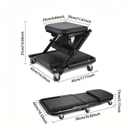 Foldable 2-in-1 Mechanic Creeper & Rolling Seat 300LB | 36 Inch Z-Crawler with 6 Swivel Wheels, Adjustable Headrest, Folding Car Repair Creeper for Garage Workshop – Black & Red