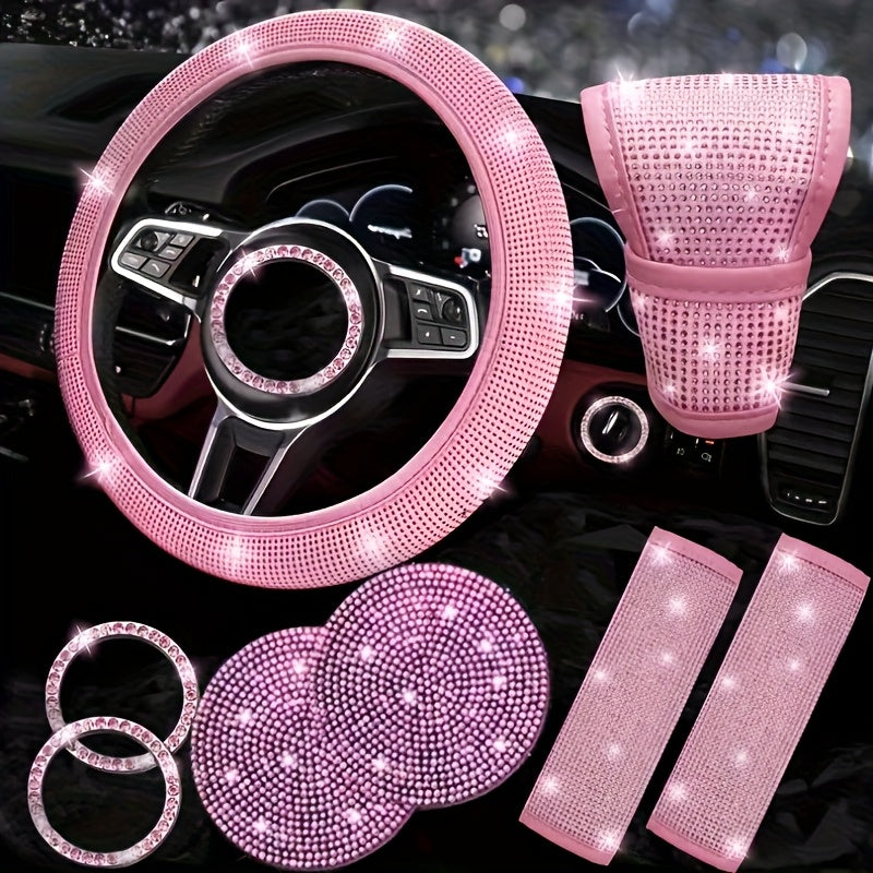 8pc Rhinestone Bling Car Accessories Set for Women – Steering Wheel Cover, Coasters, Seatbelt Pads, Starter Rings & Shift Knob Cover, 7 Colors, Sparkly Glitter Interior Kit