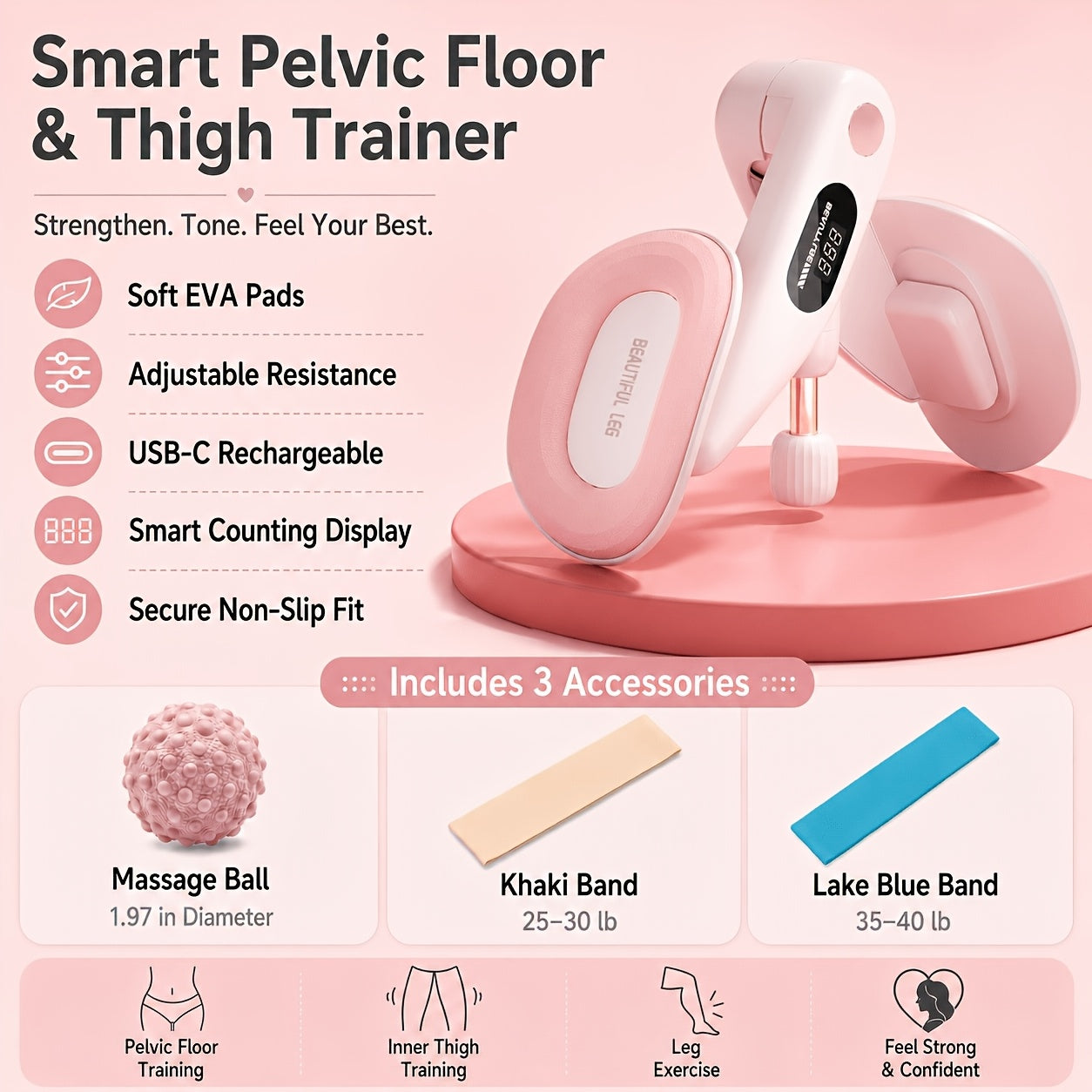 Pelvic Floor Trainer & Smart Hip Thigh Exerciser with Rep Counter – Adjustable Resistance Inner Thigh Toner, Glute Strengthener & Kegel Exercise Machine for Women Home Gym Workout