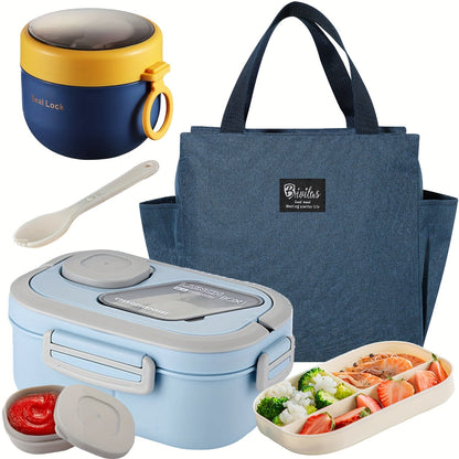 2-Layer Bento Lunch Box Set with Cup & Insulated Lunch Bag – Multi-Grid Leakproof Food Container for School, Office & Picnic, Choose Salad, Coffee, Milk or Soup Cup, Pink Green Blue White