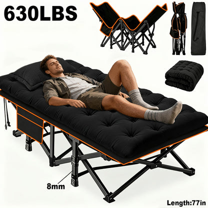 Heavy Duty Folding Bed with Optional Mattress up to 630 LBS – Portable Camping Cot with Multi-Leg Support, Side Pockets & Pillow, 59–77 Inch All Season Guest Napping Bed Space Saving