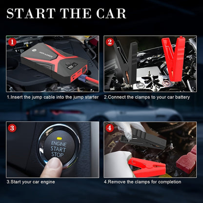 Portable Car Jump Starter Power Pack 1600A–3000A 12V Battery Booster – Compact Emergency Start for Gas & Diesel Engines with USB Charge Ports & LED Flashlight