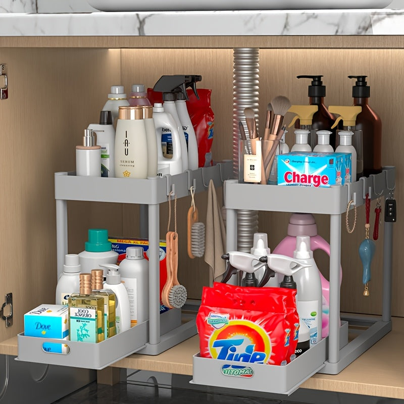 Under Sink Organizer 2-Pack Double-Tier Sliding Baskets 8 Hooks Expandable – Kitchen Bathroom Cabinet Storage Rack Organization Moonlight White Black Gray