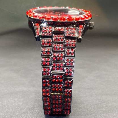 Rhinestone Couples Watch Set Luxury Quartz Movement Calendar Luminous Display for Men Women Red and Ice Blue Rhinestone Party Fashion Gift Watch