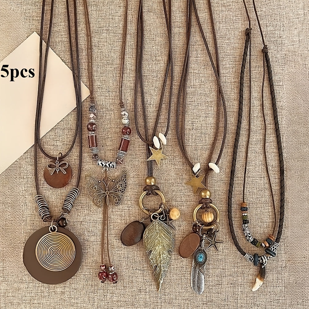 5 Piece Bohemian Layered Necklace Set for Women – Retro Boho Sweater Chain Y-Shaped Necklace with Feather Leaf Butterfly Star Pendants, Fashionable Stackable Jewelry Gift for Daily Wear and Banquets