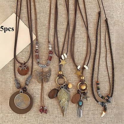 5 Piece Bohemian Layered Necklace Set for Women – Retro Boho Sweater Chain Y-Shaped Necklace with Feather Leaf Butterfly Star Pendants, Fashionable Stackable Jewelry Gift for Daily Wear and Banquets