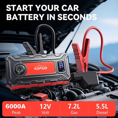 5000A/6000A Portable Car Jump Starter – 12V Battery Booster Pack for Gas & Diesel Vehicles, 65W Fast Charge Power Bank, LED Flashlight & LCD Display, Compact Emergency Jump Box