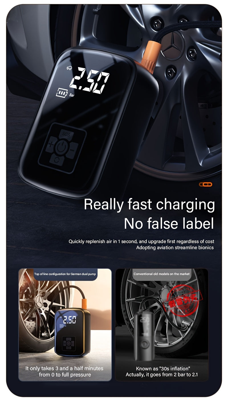 Portable Tire Inflator 100W Cordless Air Pump 4000mAh Battery 30-Second Inflation 5 Modes Digital PSI Display Type-C Charging LED Light Multi-Nozzle for Car Motorcycle Bicycle Ball