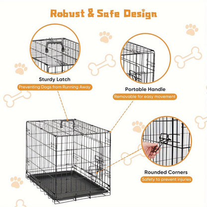 Folding Metal Wire Dog Crate Double Door with Divider Panel Leak-Proof Pan Tray Pet Kennel Indoor Outdoor Travel Small Medium Large XL Dogs 4 Sizes