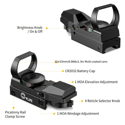 Red Green Dot Sight 1x22x33 with 20mm Picatinny Rail - 4 Reticles 5 Brightness Settings Wide Field of View Scope for Rifles Shotguns