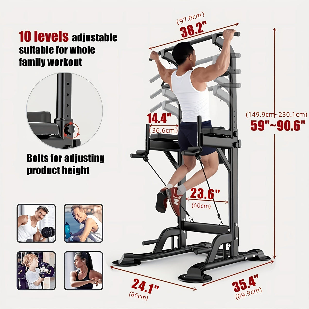 Power Tower Pull Up Bar Dip Station – Adjustable Height 50"-90.6" 330LBS Multi-Function Strength Training Equipment for Men & Women Home Gym, Free Elastic Bands Included