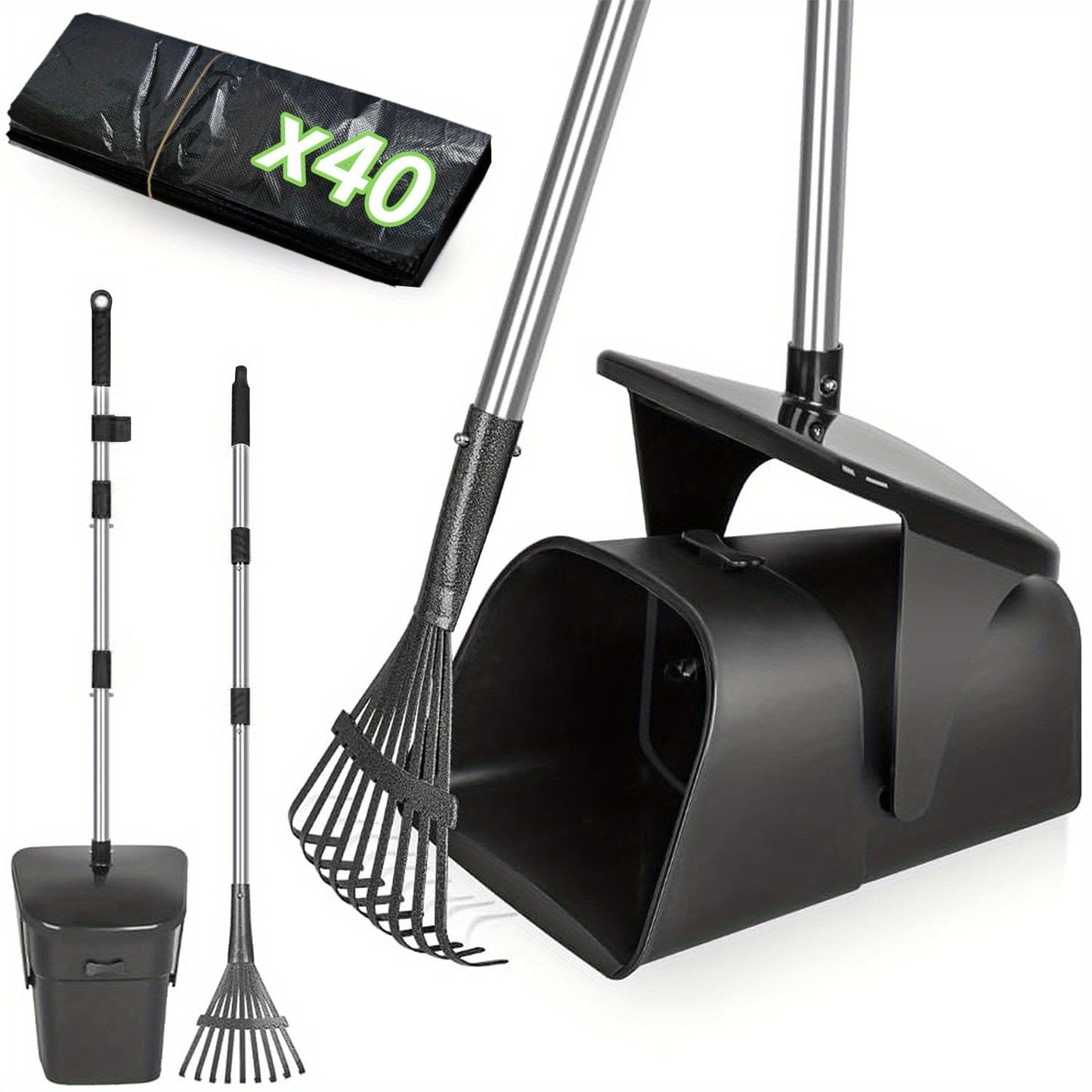 Dog Pooper Scooper Set Heavy Duty with Swivel Bin, Rake & Spade – Long Handle Pet Waste Removal Tool for Grass, Dirt & Gravel, Includes 40 Waste Bags, Great for Large Dogs