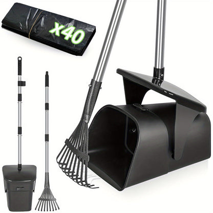 Dog Pooper Scooper Set Heavy Duty with Swivel Bin, Rake & Spade – Long Handle Pet Waste Removal Tool for Grass, Dirt & Gravel, Includes 40 Waste Bags, Great for Large Dogs
