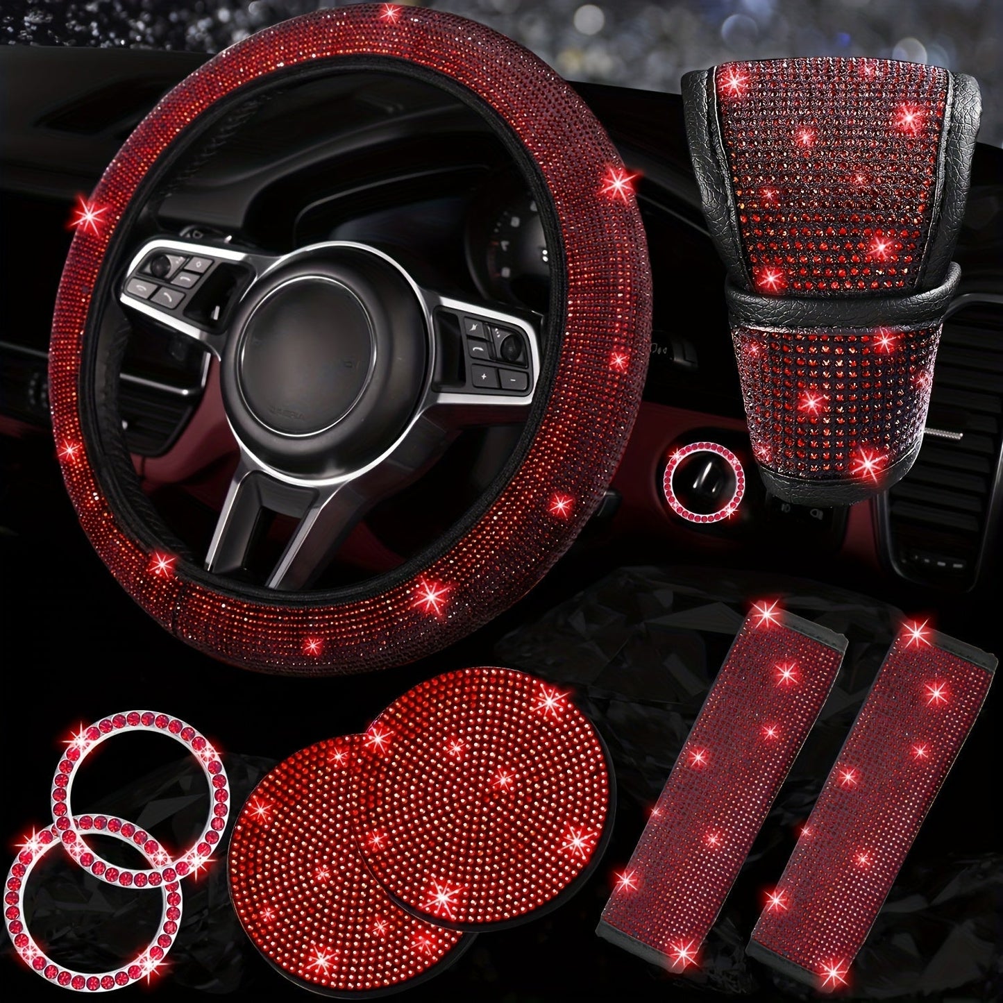8pc Rhinestone Bling Car Accessories Set for Women – Steering Wheel Cover, Coasters, Seatbelt Pads, Starter Rings & Shift Knob Cover, 7 Colors, Sparkly Glitter Interior Kit
