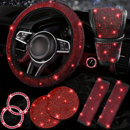 8pc Rhinestone Bling Car Accessories Set for Women – Steering Wheel Cover, Coasters, Seatbelt Pads, Starter Rings & Shift Knob Cover, 7 Colors, Sparkly Glitter Interior Kit