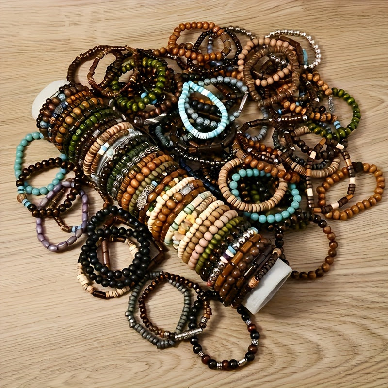 36-Pack Assorted Boho Wooden Beaded Bracelets for Women & Men – Handmade Vintage Style with Zinc Alloy Charms, Bulk Jewelry Set for Gifts & Party Favors