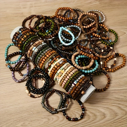 36-Pack Assorted Boho Wooden Beaded Bracelets for Women & Men – Handmade Vintage Style with Zinc Alloy Charms, Bulk Jewelry Set for Gifts & Party Favors
