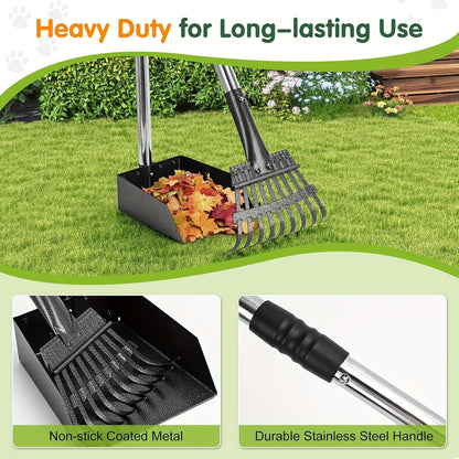 Stainless Steel Dog Pooper Scooper Set with Adjustable Handles – Rust-Proof Tray & Rake Pet Waste Removal Tool, Easy to Clean, No-Bend Design for All Dog Breeds, Yard & Outdoor Use