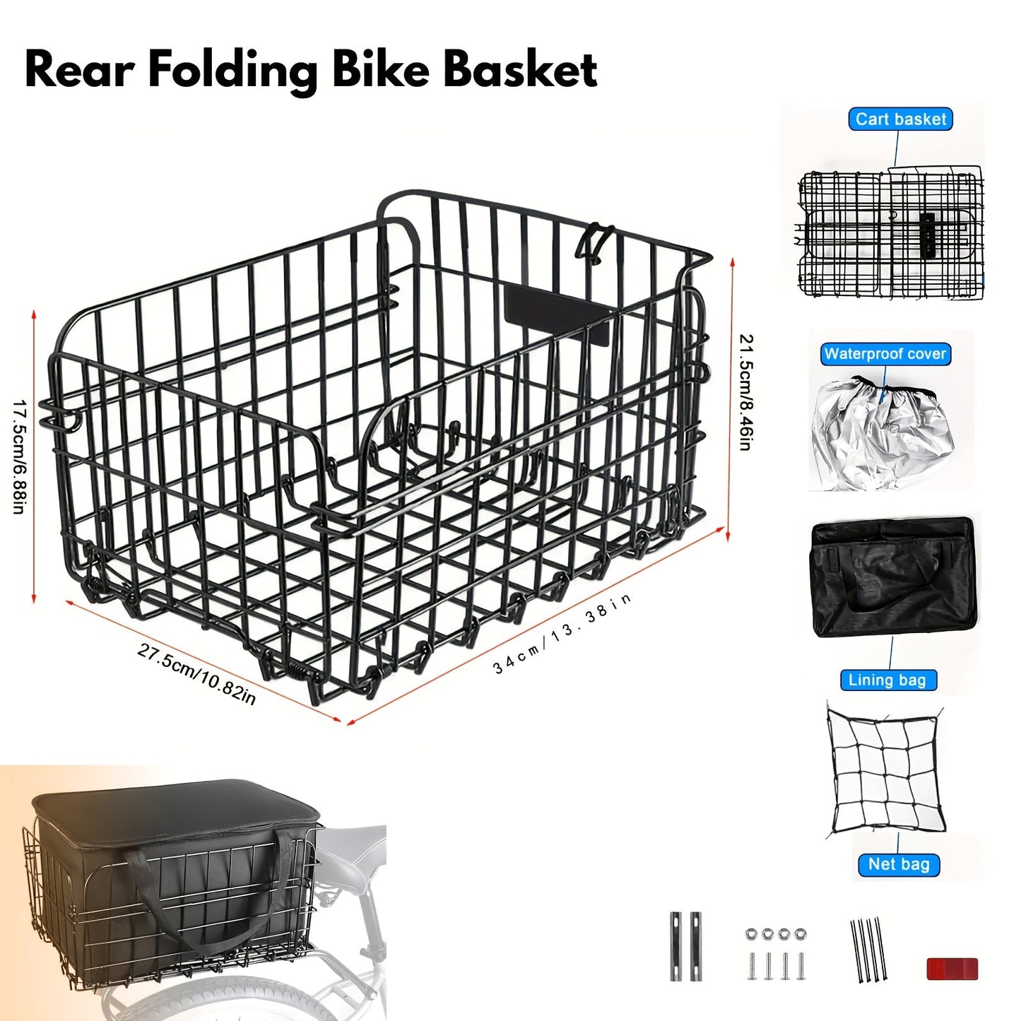 Heavy-Duty Iron Bike Basket – Large, Folding & Basic Removable Rear Bicycle Basket for Most Bikes & E-Bikes, Frame Mount, Black – for Groceries, Pets & Daily Commuting