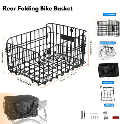 Heavy-Duty Iron Bike Basket – Large, Folding & Basic Removable Rear Bicycle Basket for Most Bikes & E-Bikes, Frame Mount, Black – for Groceries, Pets & Daily Commuting