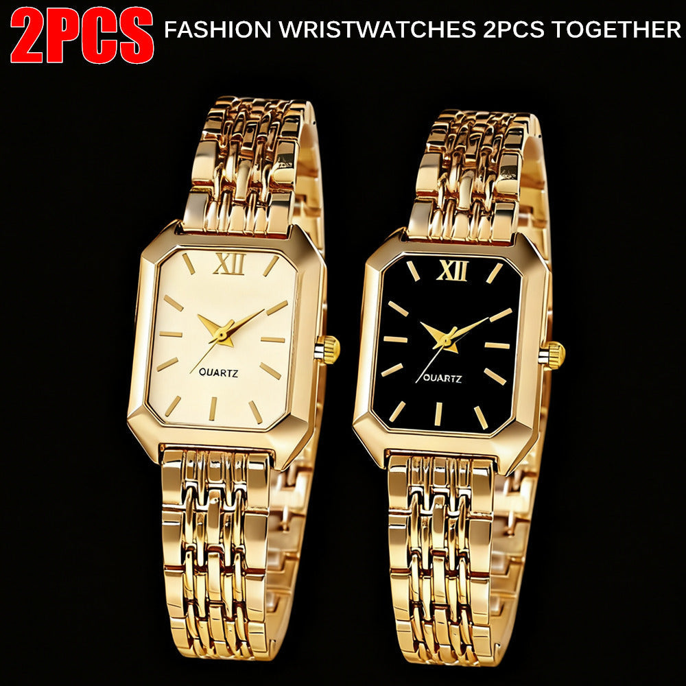 Women's Elegant Golden Tone Watch Set of 2 Stainless Steel Quartz Analog Wristwatch Rectangular Dial Round Case for Casual Dressy Special Occasions Gift for Her